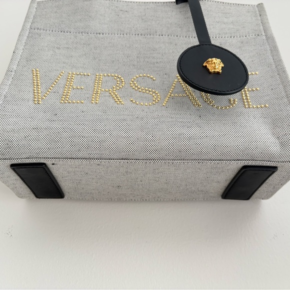 VERSACE Logo Small 2way Tote Shoulder Bag Canvas Leather Gray - Picture 13 of 15
